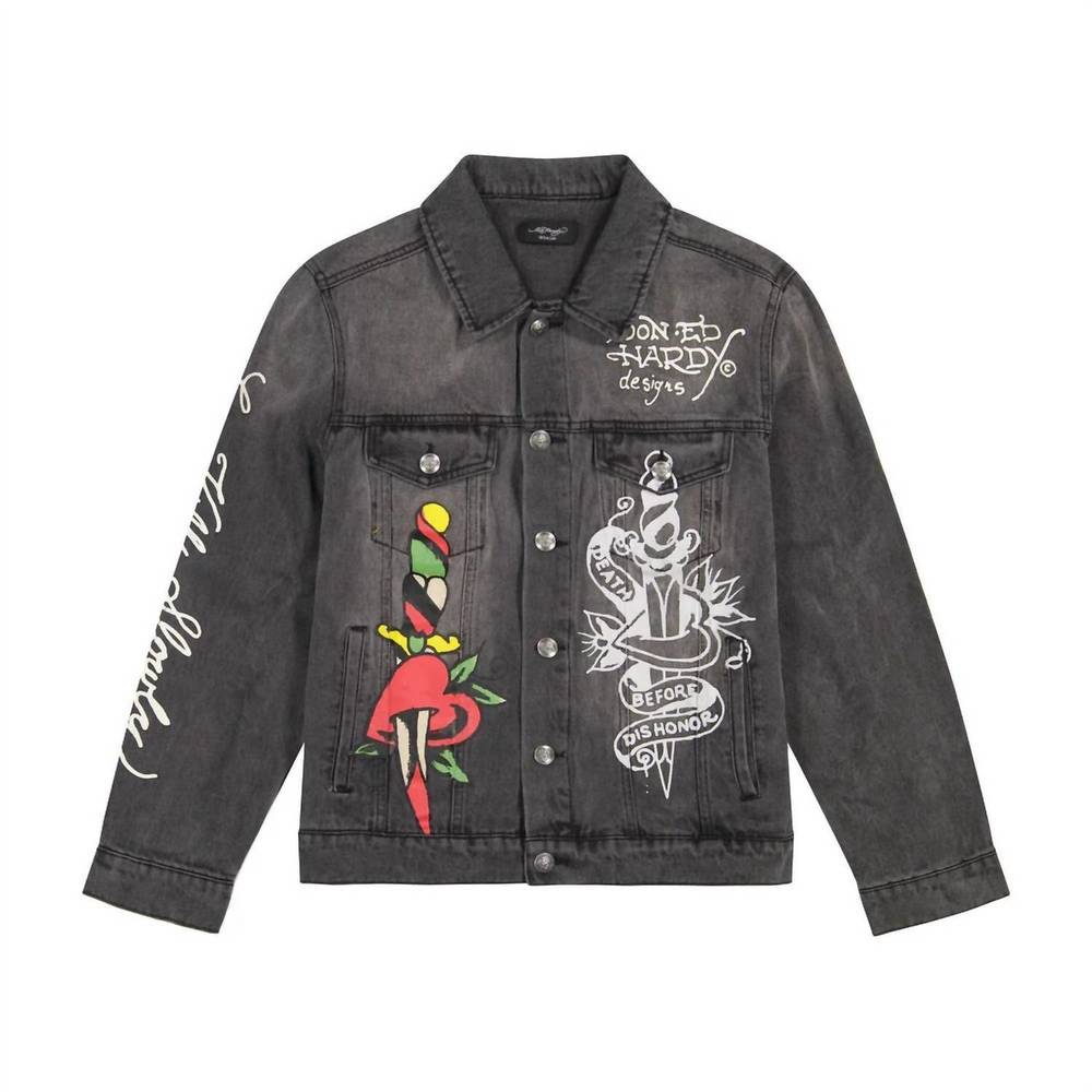 NEW ED HARDY unisex heart wings denim jacket in dark grey